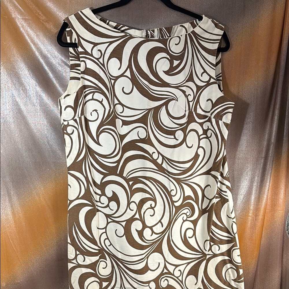 Vintage volup 60’s shift cotton Brown and White Swirl Dress E1 40” chest